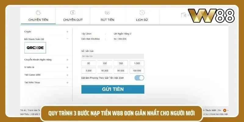 GIao diện các cổng chuyển tiền trên trang chủ W88